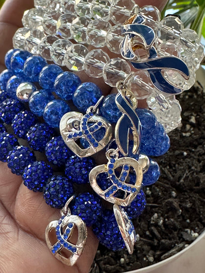 Colon Cancer (awareness)/ Blue Ribbon-Meaningful Gift for Her: Handmade Beaded Bracelet Supporting Survivors