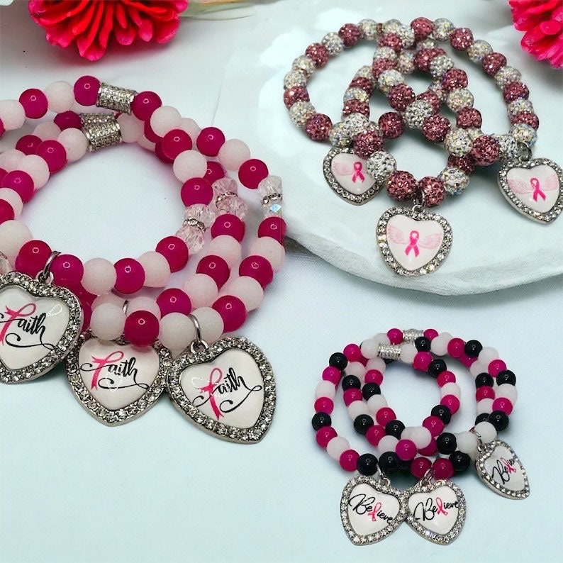 Breast Cancer Survivor Bracelet Set | Pink Ribbon Charm Jewelry | Survivor Energy Shirt | Faith, Believe, Hope Bracelet Gift