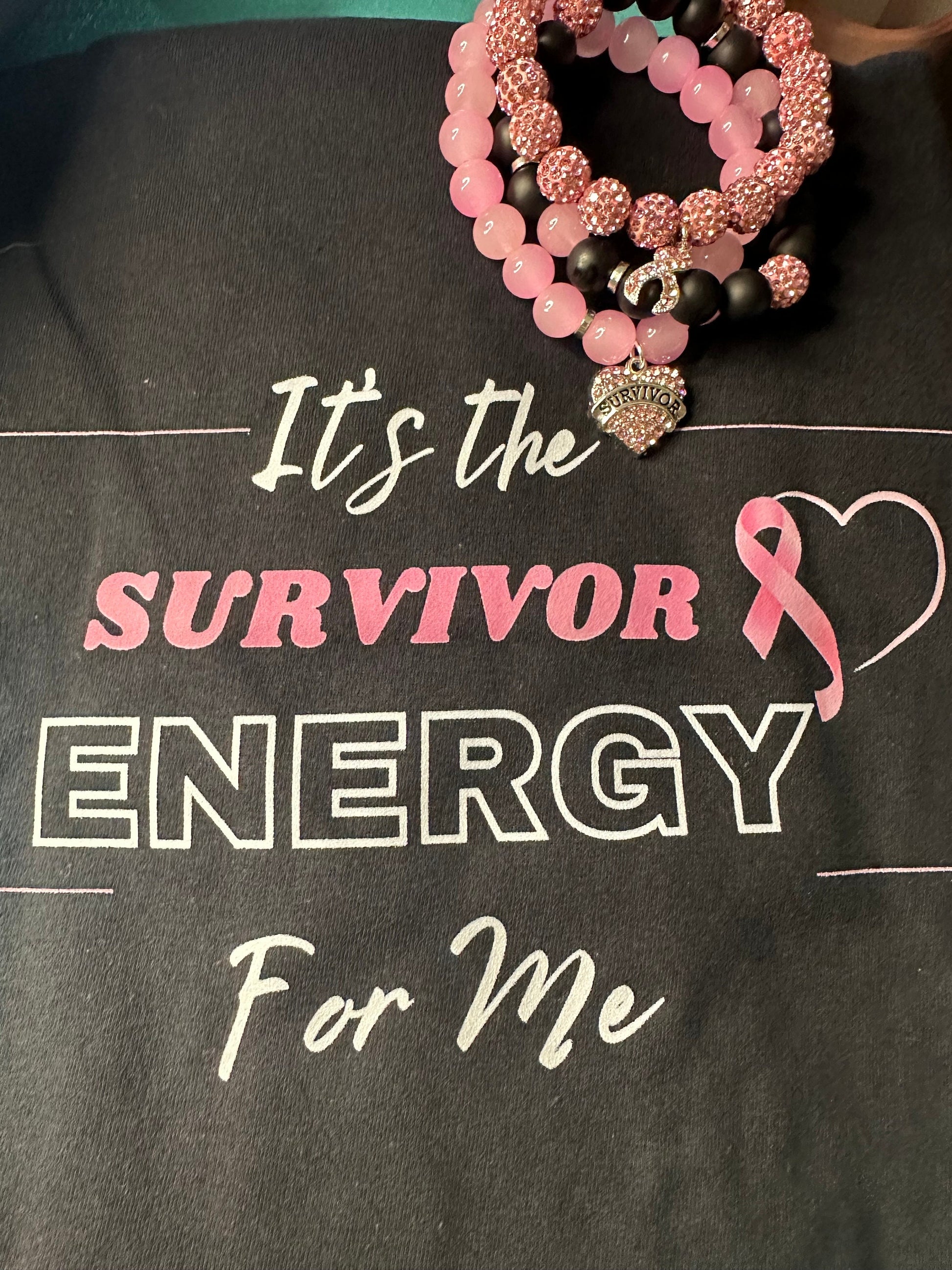 Breast Cancer Survivor Bracelet Set | Pink Ribbon Charm Jewelry | Survivor Energy Shirt | Faith, Believe, Hope Bracelet Gift