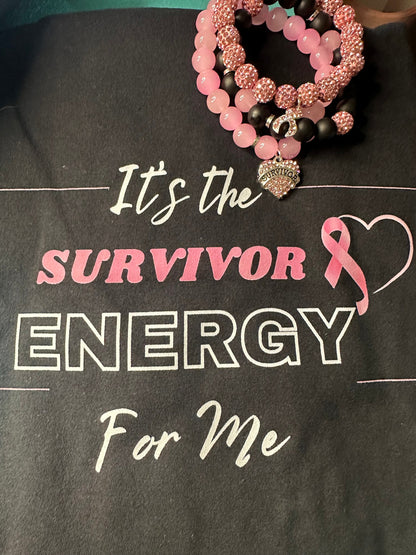 Breast Cancer Survivor Bracelet Set | Pink Ribbon Charm Jewelry | Survivor Energy Shirt | Faith, Believe, Hope Bracelet Gift