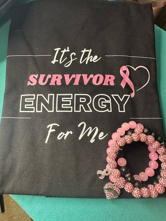 Breast Cancer Survivor Bracelet Set | Pink Ribbon Charm Jewelry | Survivor Energy Shirt | Faith, Believe, Hope Bracelet Gift