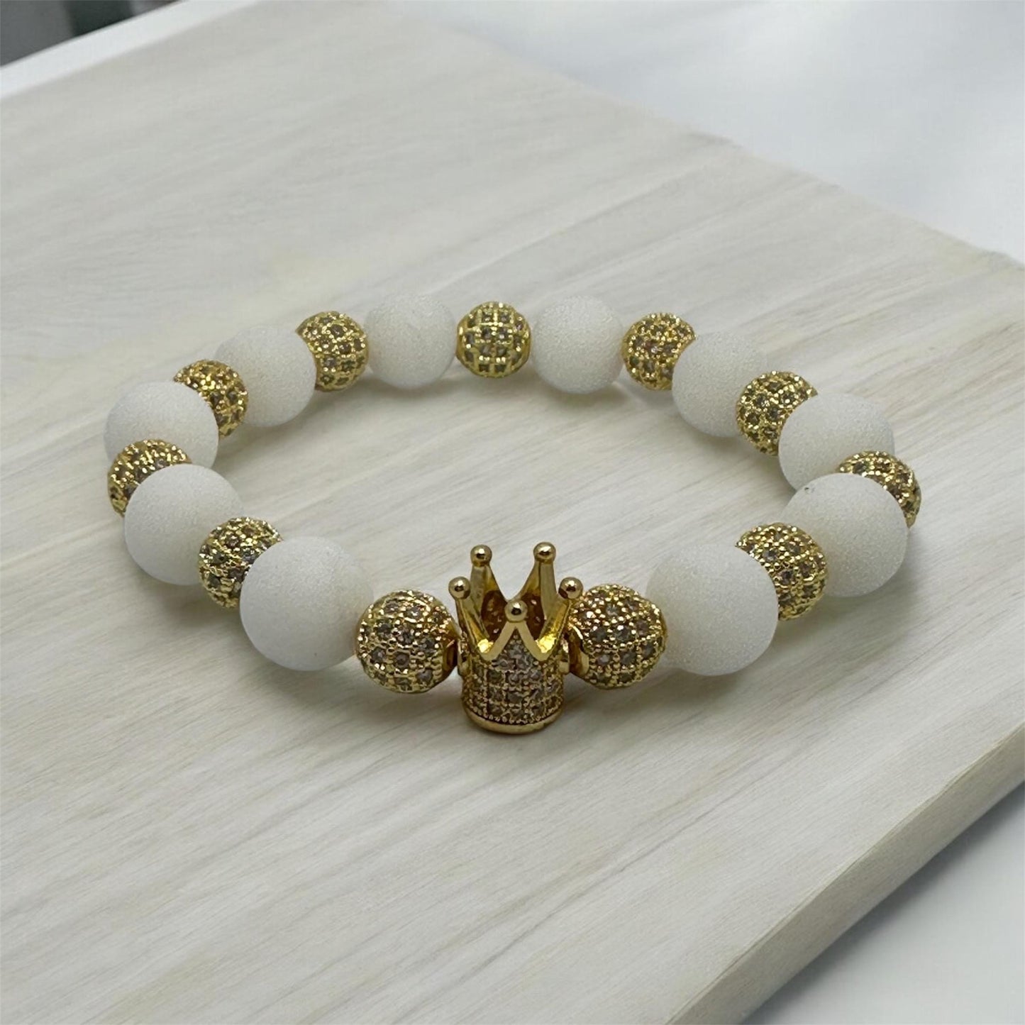 White King COLEction Bracelet | Gold Crown Bracelet | White Alabaster or Natural White Shell Beaded Bracelet | Regal Jewelry