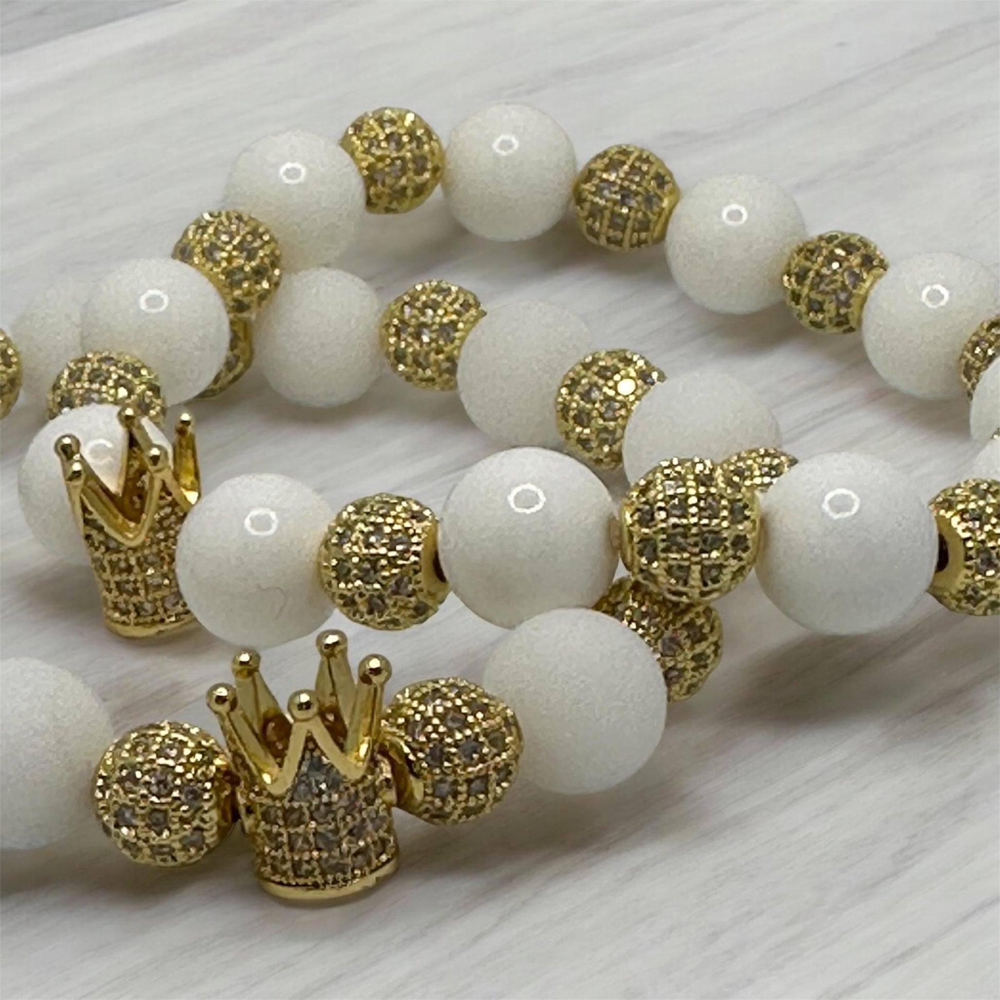 White King COLEction Bracelet | Gold Crown Bracelet | White Alabaster or Natural White Shell Beaded Bracelet | Regal Jewelry