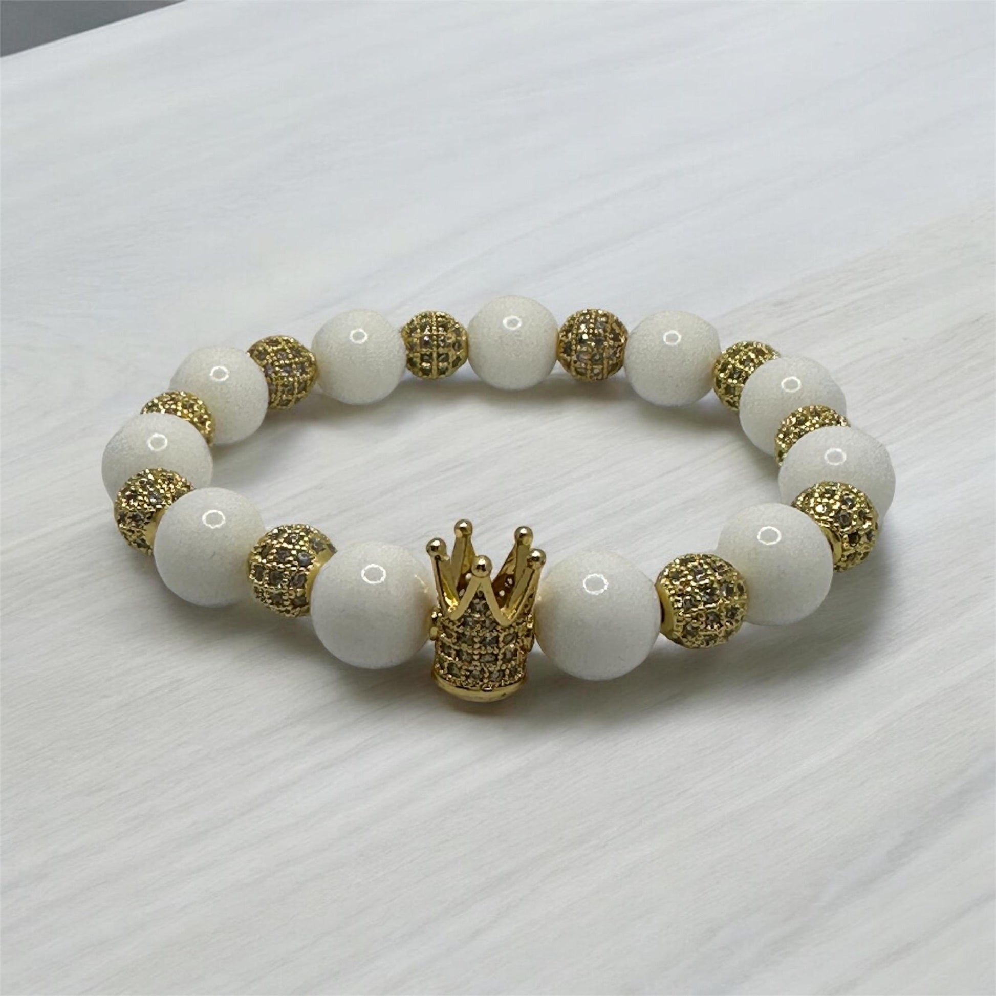 White King COLEction Bracelet | Gold Crown Bracelet | White Alabaster or Natural White Shell Beaded Bracelet | Regal Jewelry