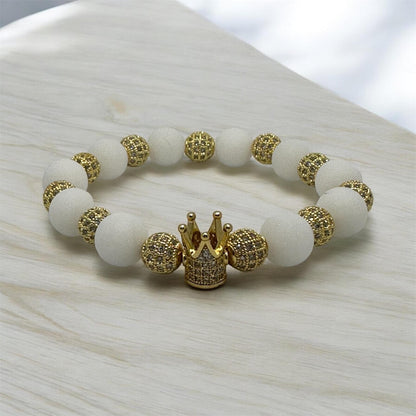 White King COLEction Bracelet | Gold Crown Bracelet | White Alabaster or Natural White Shell Beaded Bracelet | Regal Jewelry