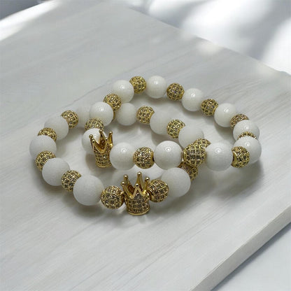 White King COLEction Bracelet | Gold Crown Bracelet | White Alabaster or Natural White Shell Beaded Bracelet | Regal Jewelry