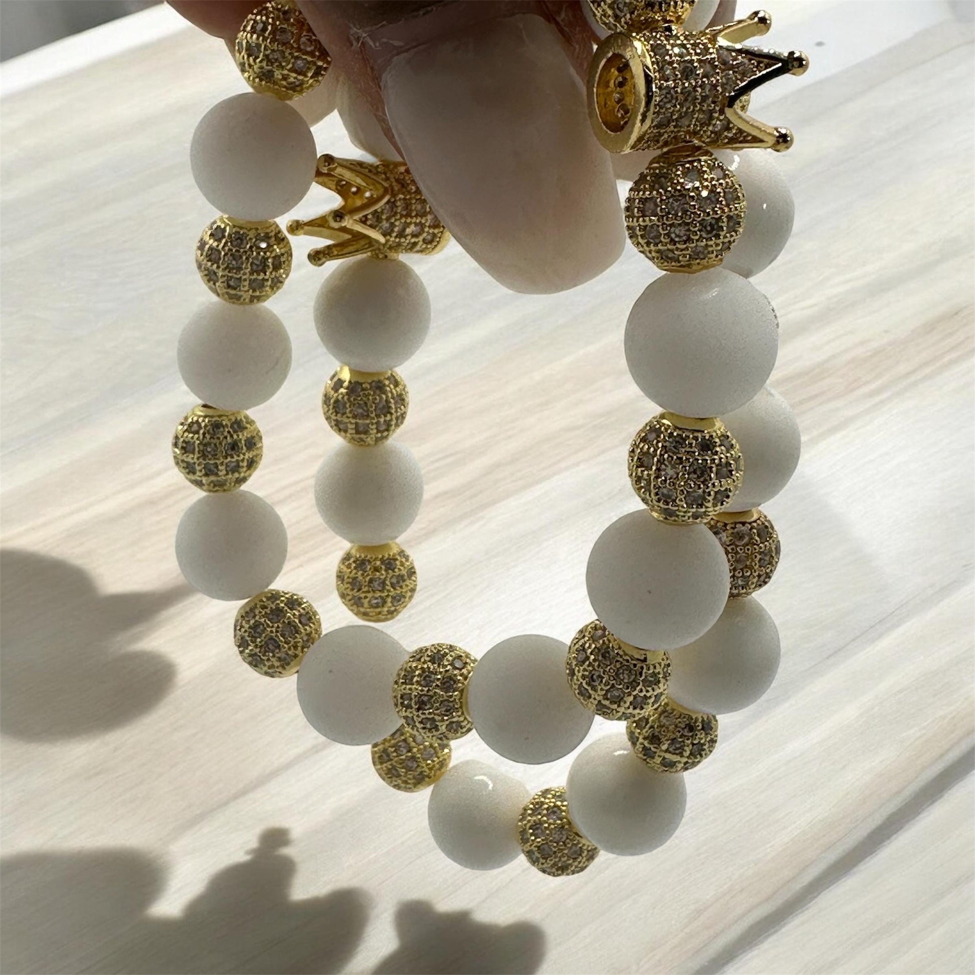 White King COLEction Bracelet | Gold Crown Bracelet | White Alabaster or Natural White Shell Beaded Bracelet | Regal Jewelry