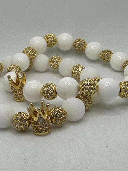 White King COLEction Bracelet | Gold Crown Bracelet | White Alabaster or Natural White Shell Beaded Bracelet | Regal Jewelry