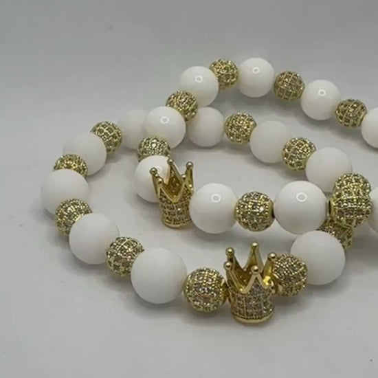 White King COLEction Bracelet | Gold Crown Bracelet | White Alabaster or Natural White Shell Beaded Bracelet | Regal Jewelry