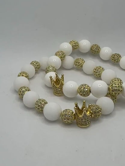 White King COLEction Bracelet | Gold Crown Bracelet | White Alabaster or Natural White Shell Beaded Bracelet | Regal Jewelry